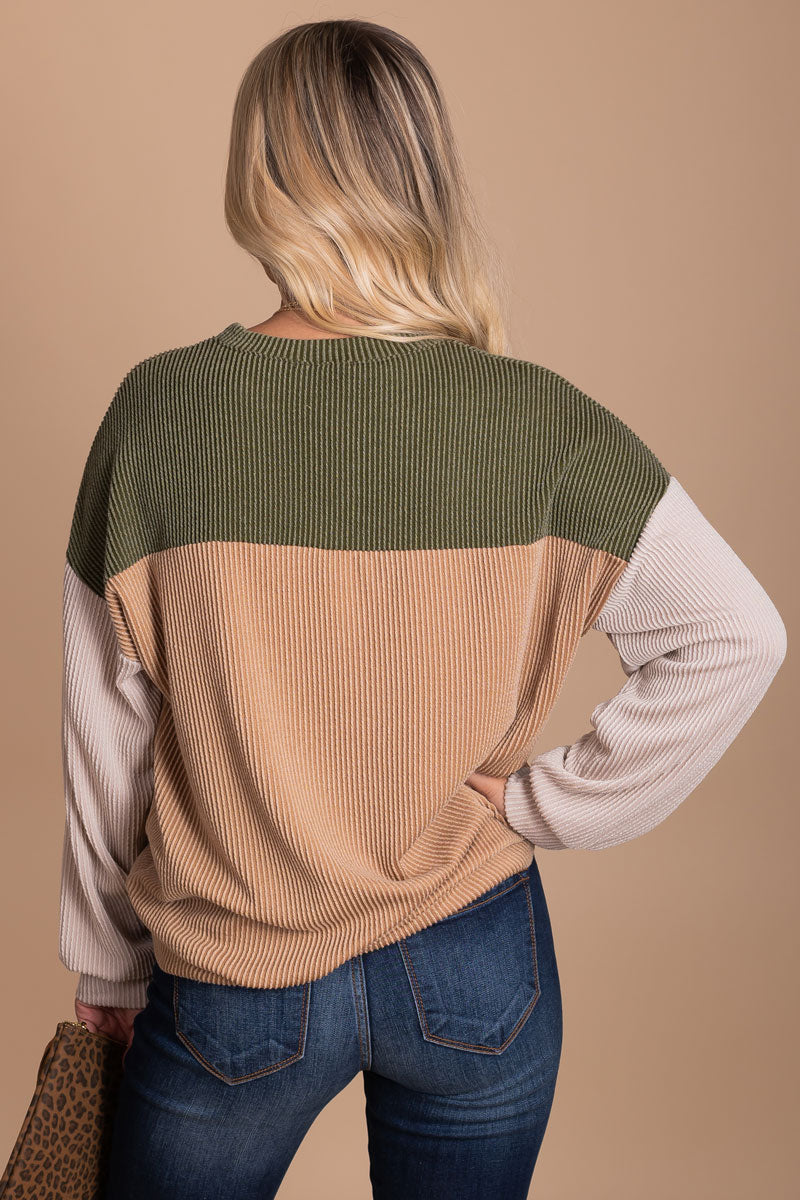 women's ribbed long sleeve olive green color block sweater