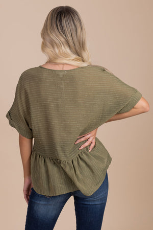 Olive Green Peplum Top with Short Sleeves and Subtle Stripe Details