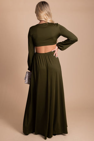 women's fall maxi dress with long sleeves and cutout detailing