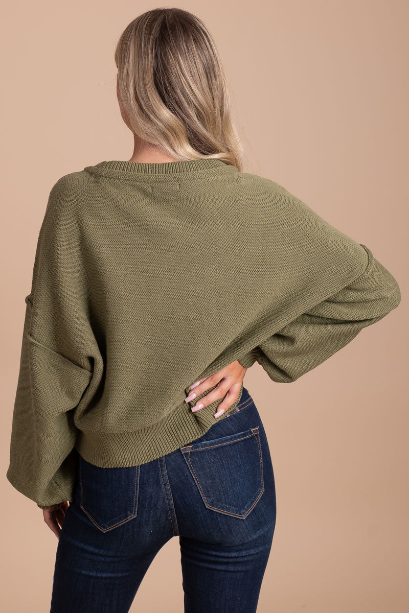 women's boutique long puff sleeve sage green cropped sweater