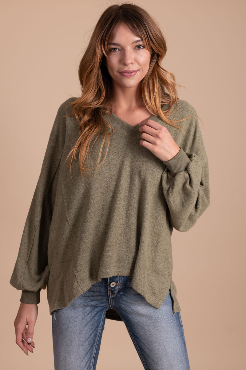 women's green puff sleeve sweater