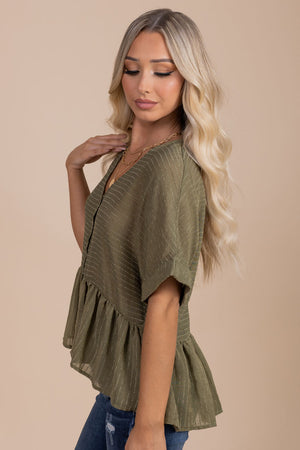 Olive Green Blouse for Women with Button Front and Cuffed Short Sleeves