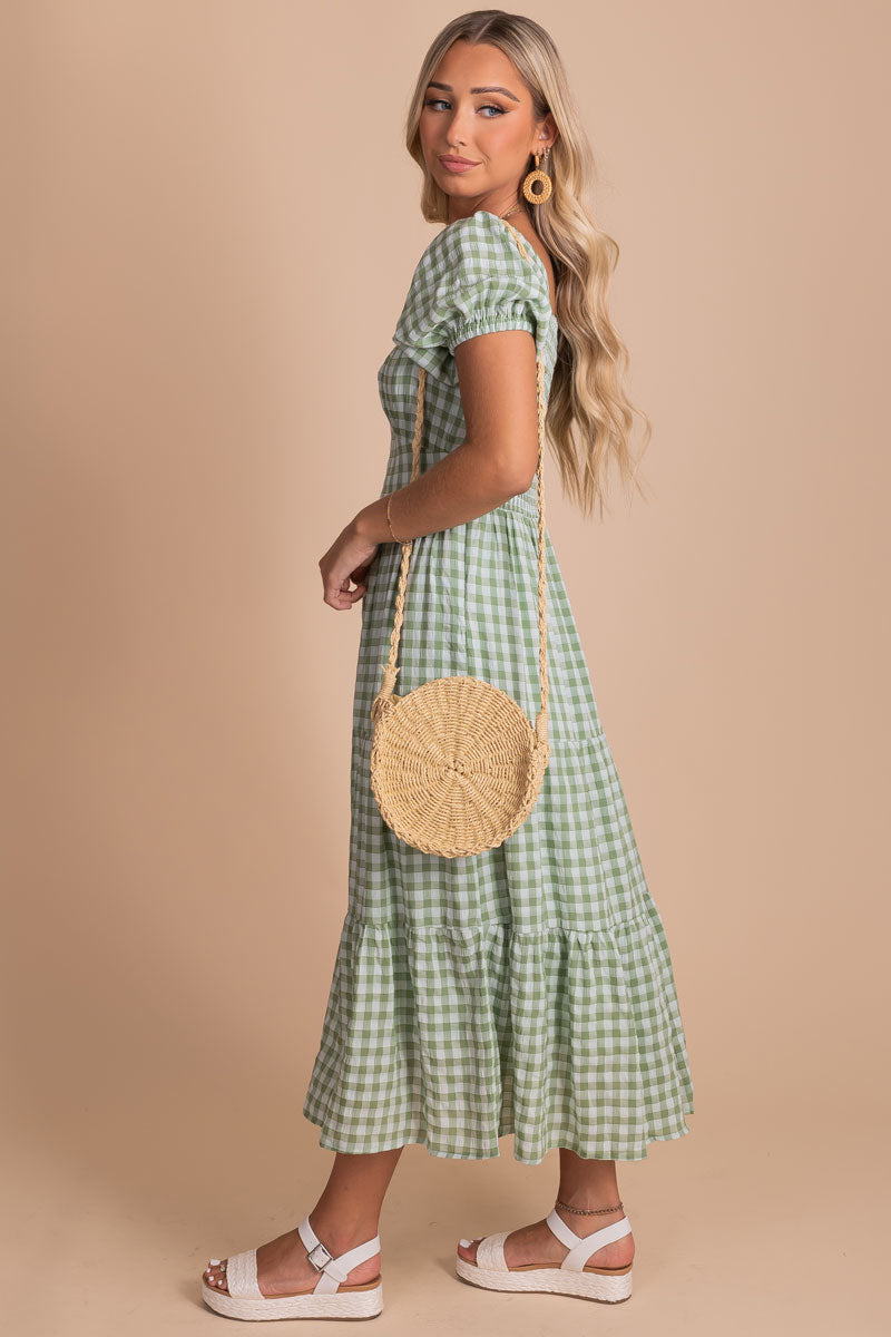 Green Flowy Gingham Dress with Short Puff Sleeves for Women