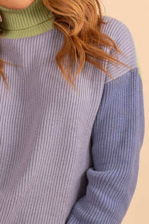 Green gray and blue turtle neck block sweater