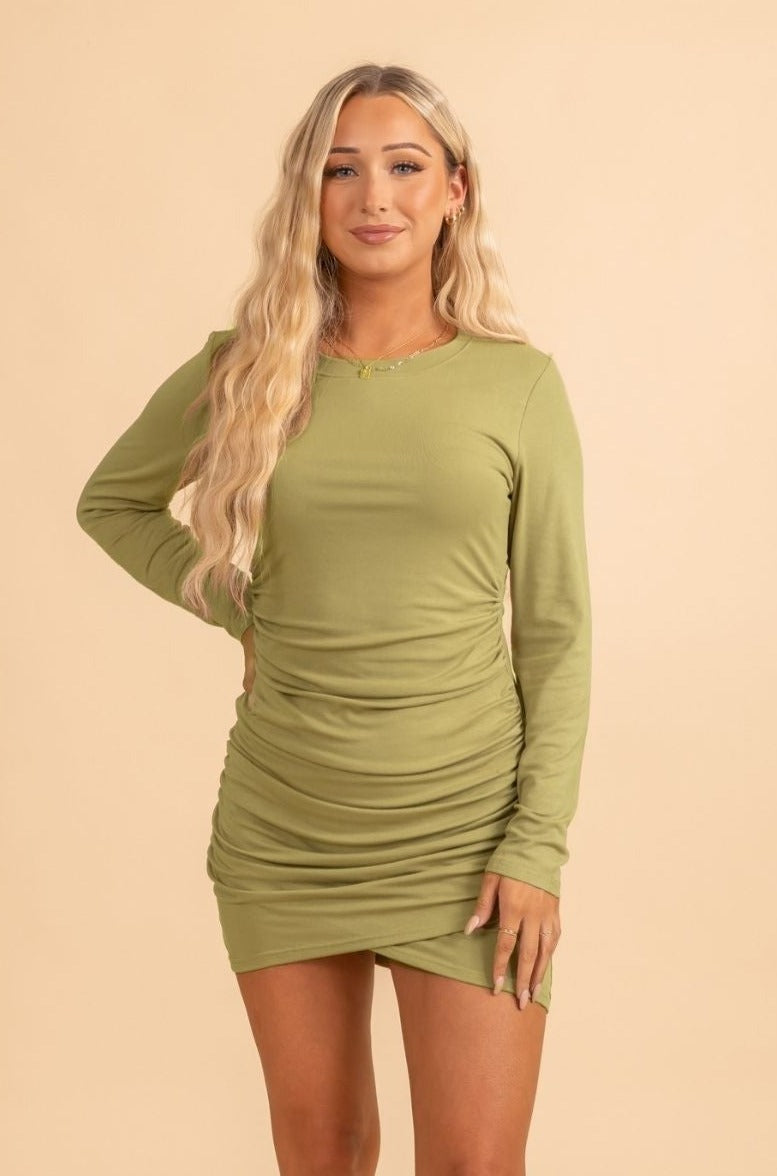 Green long sleeve mini scrunched dress