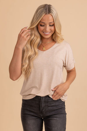 women's v-neck short sleeve beige top