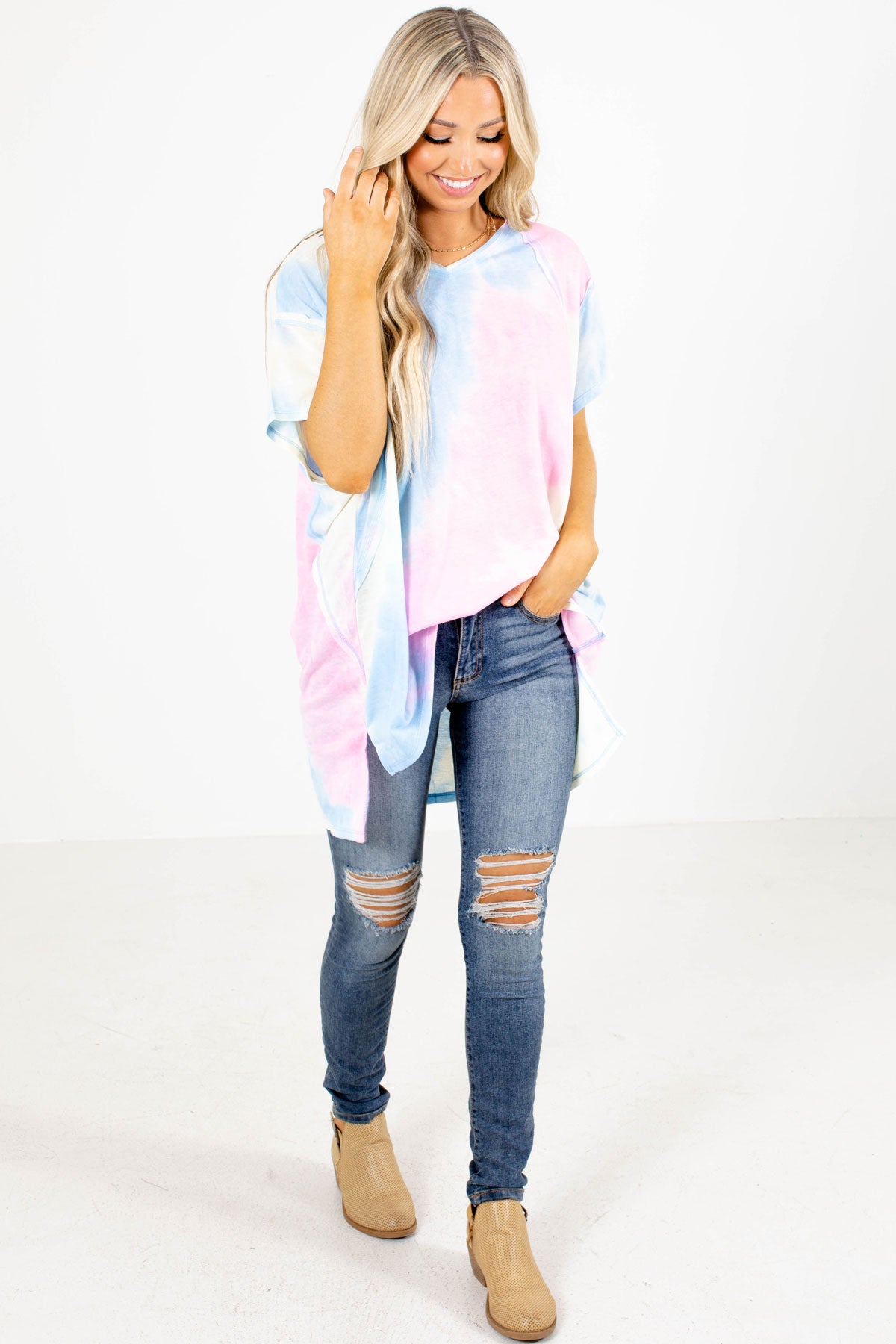 Light Blue and Pink Tie Dye Top For Women