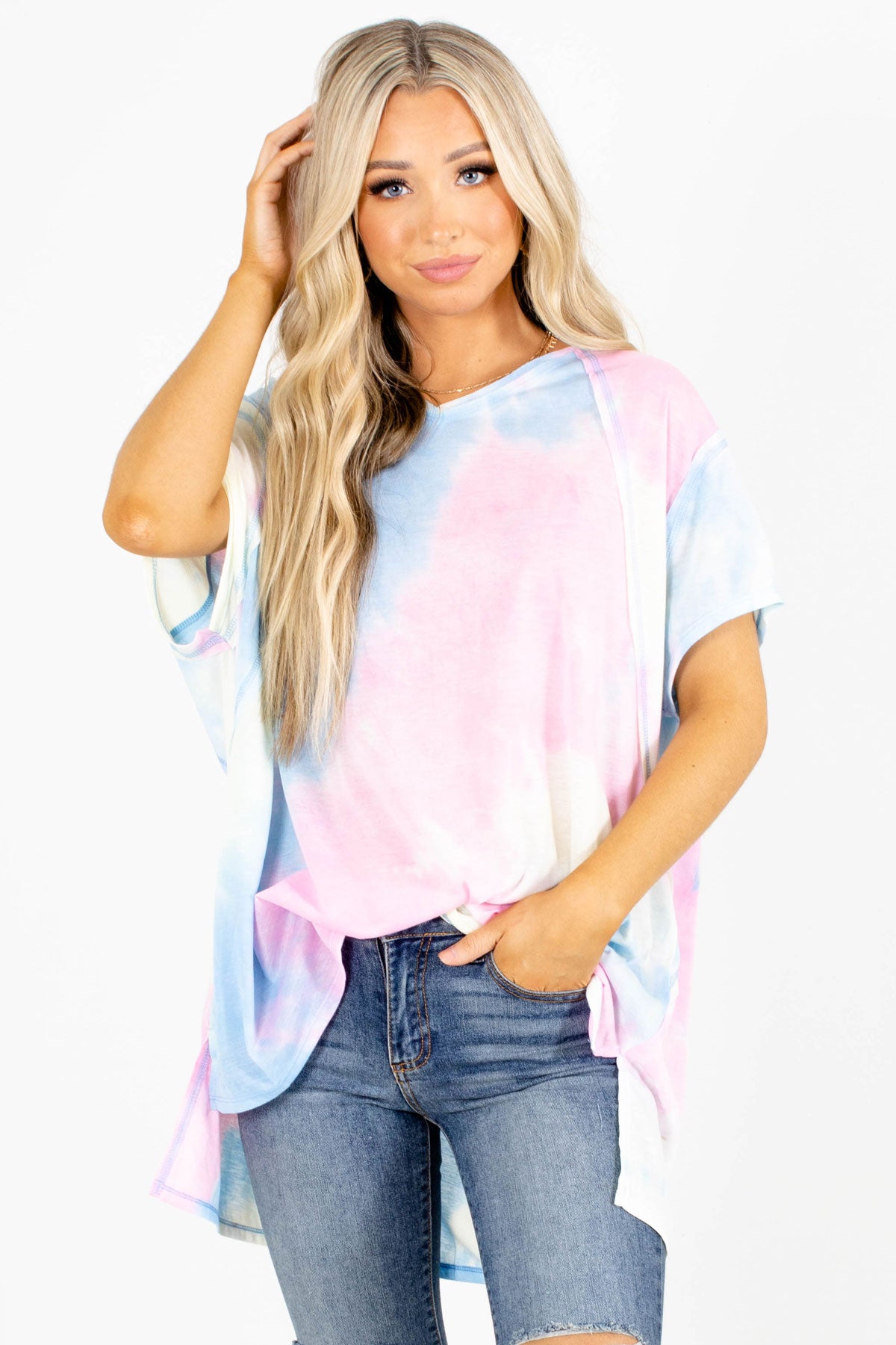 Blue and Pink Tie Dye Top For Women