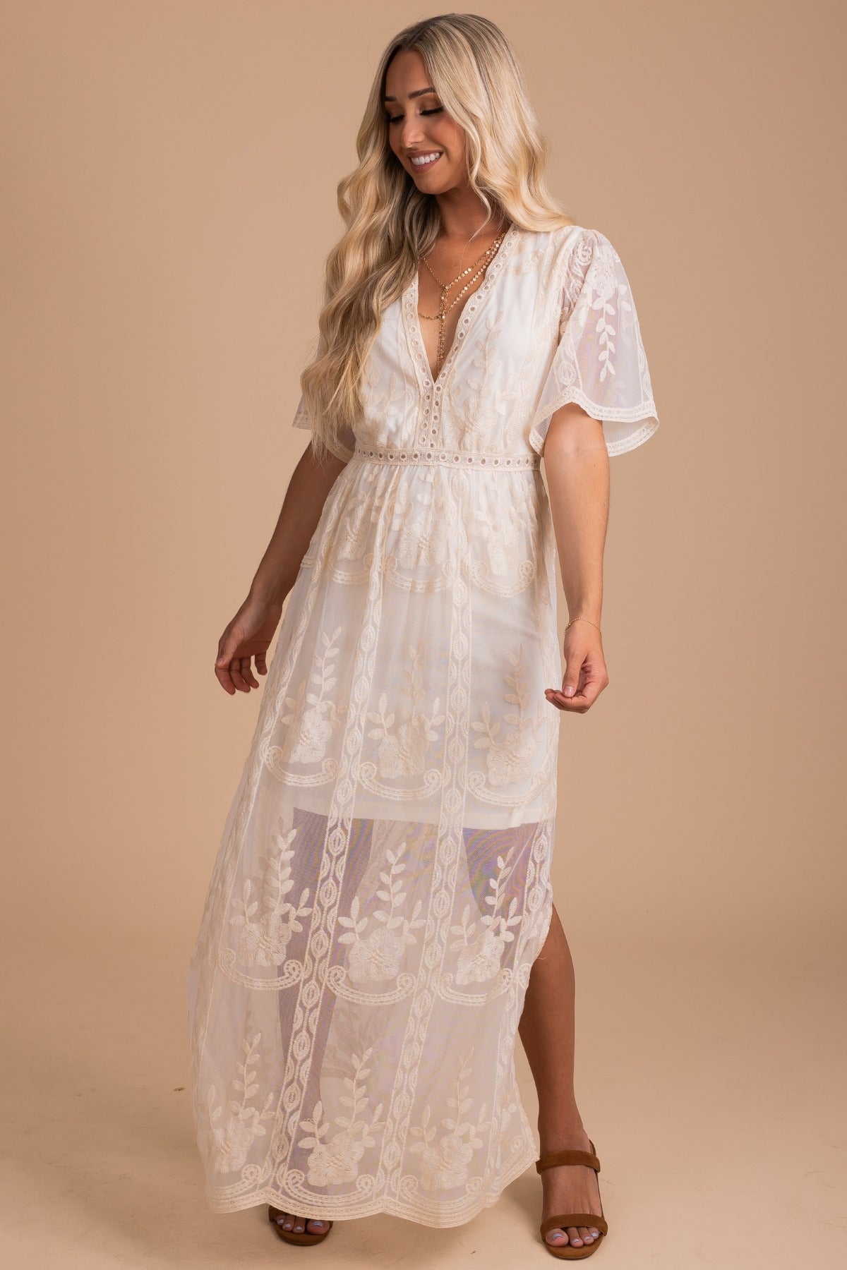 Cream White Boutique Dress with V Neckline for Women