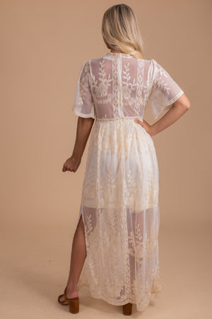 Women's Cream Long Dress with Lace Overlay