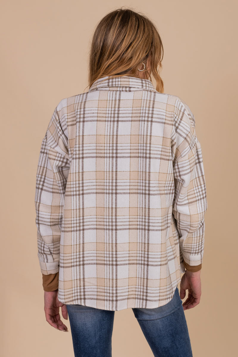 Women's White and Brown Plaid Button-Up Top with Long Sleeves