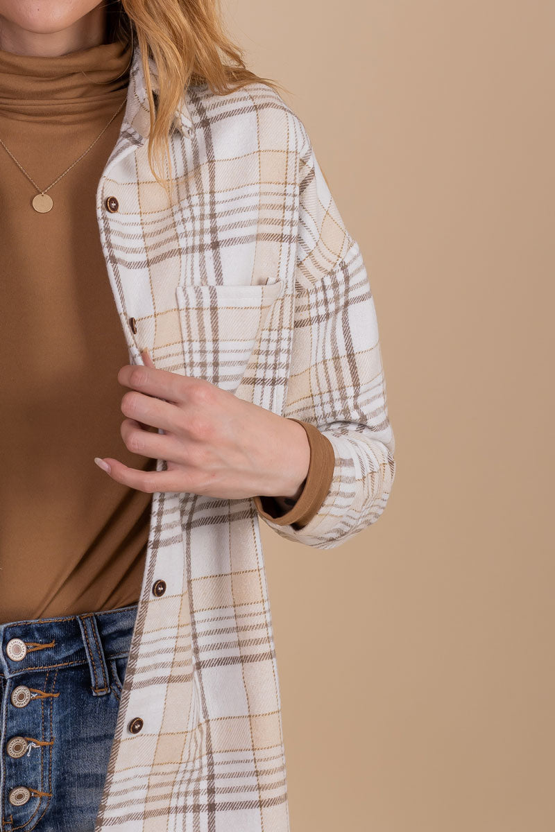 Long Sleeve Button-Up Top with Plaid Pattern