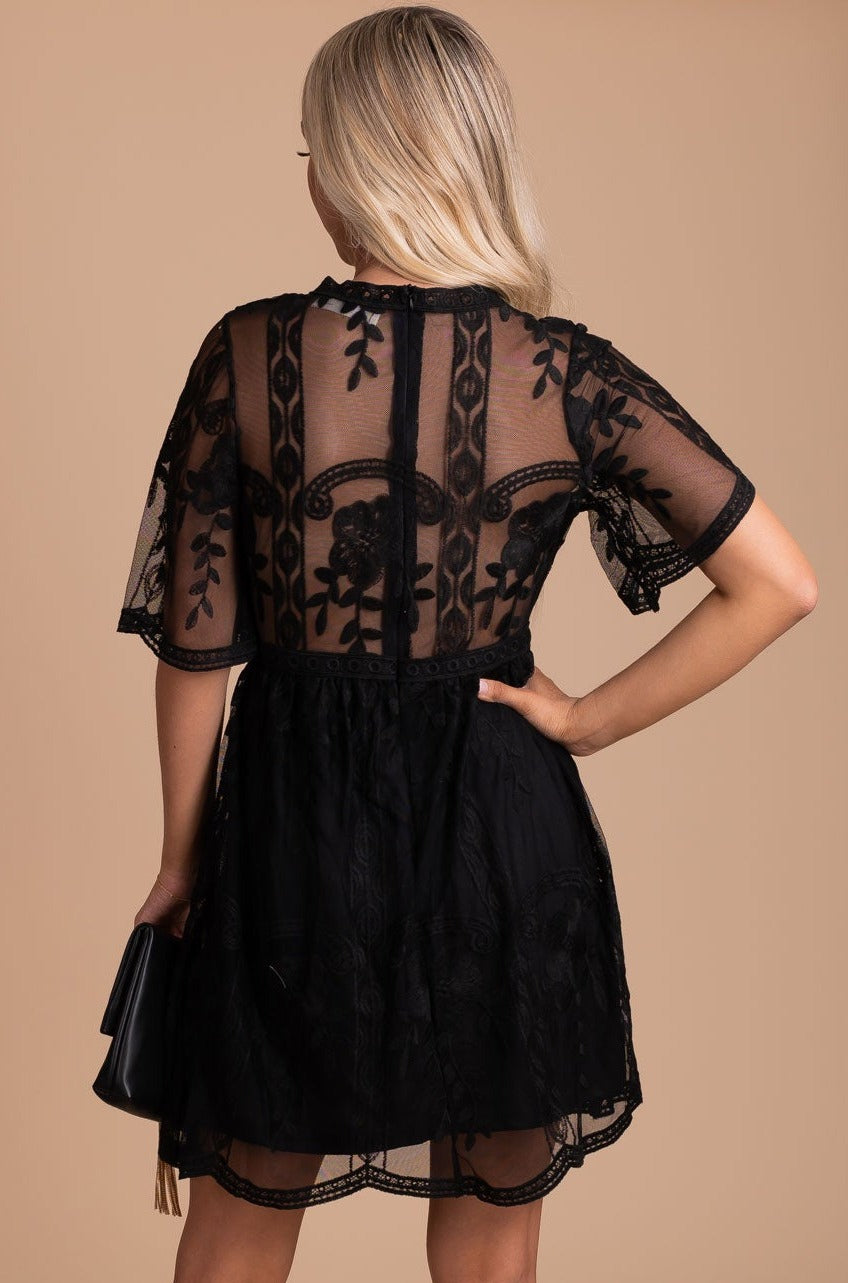 Black Mini Dresses with Crochet Lace Overlay and Floral Accents Affordable Online Boutique