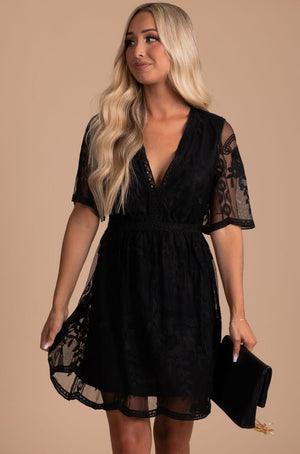 Black Deep V Surplice Lace Mini Dresses with Sheer Back and Flowy Sleeves