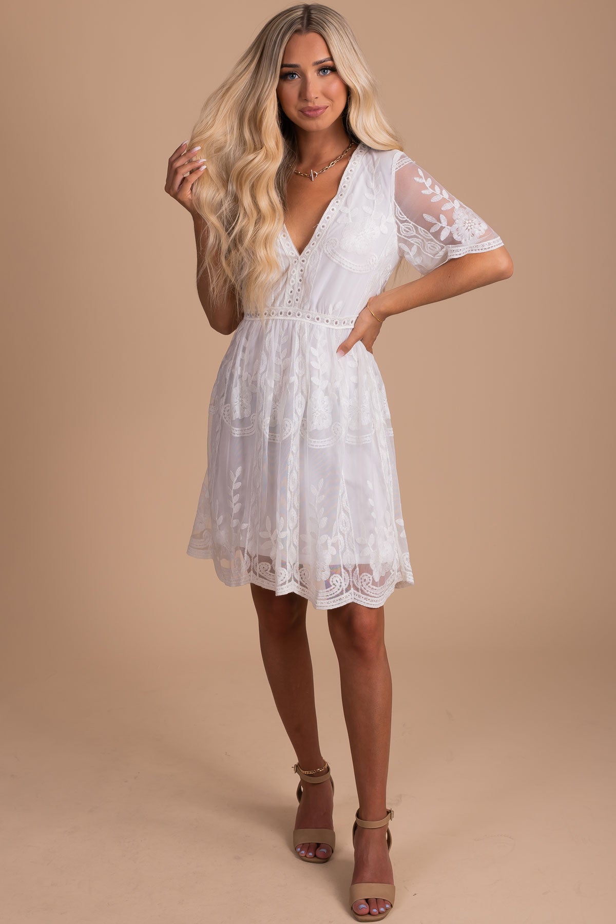 White Mini Dress with Extended Crochet Lace Overlay Boho Chic Boutique