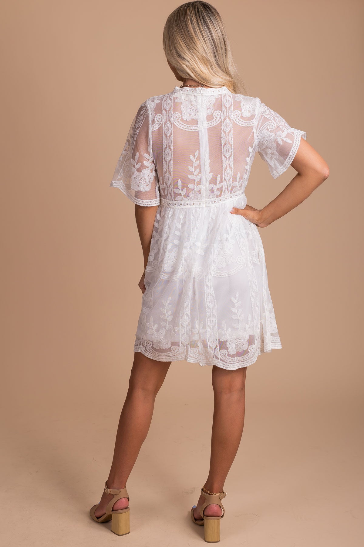 White Crochet Floral Lace Overlay Mini Dresses with Flowy Sleeves and See Through Back