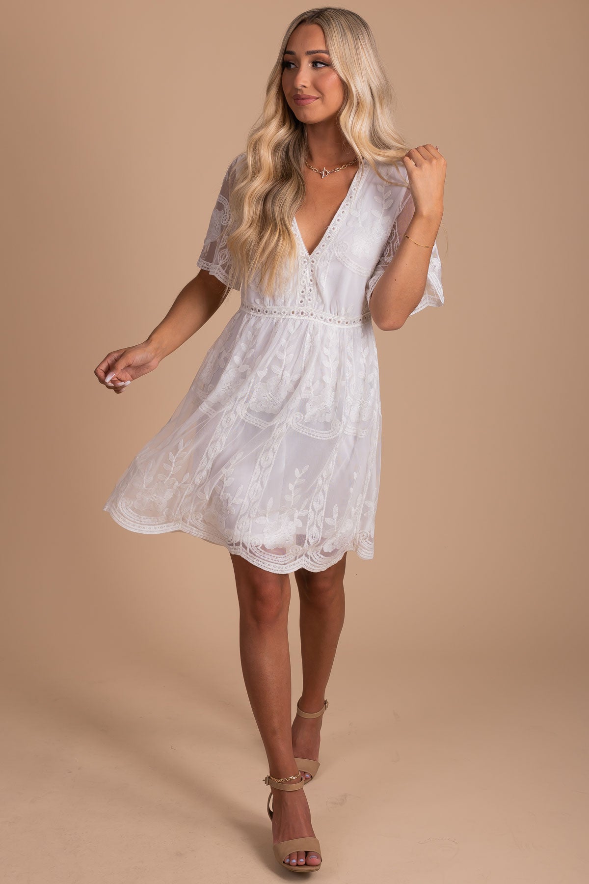 White Lace High-Quality Back Zipper Boutique Mini Dresses for Women