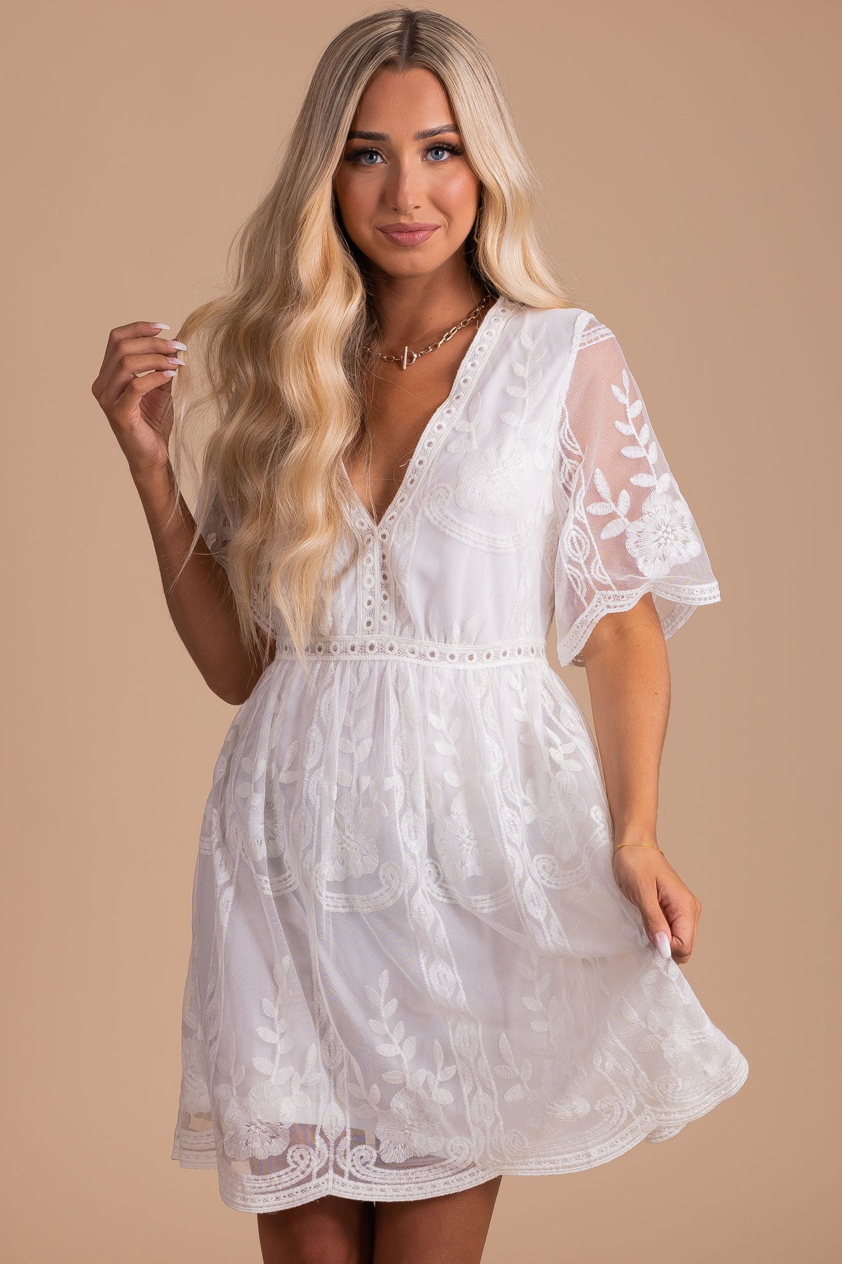 White Boho Peasant V Neckline Crochet Lace Overlay Mini Dresses for Women