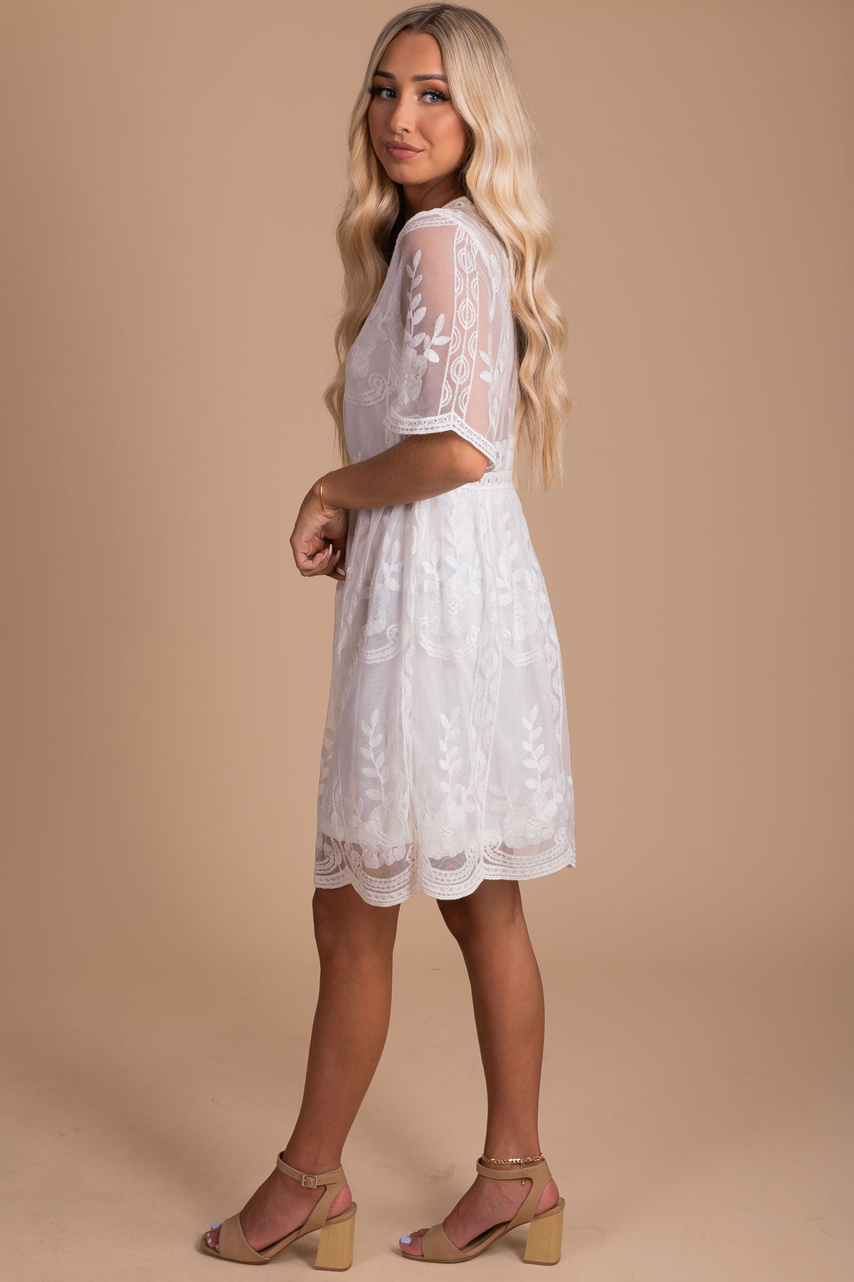 White Partially Lined Crochet Lace Mini Dresses Affordable Online Boutique