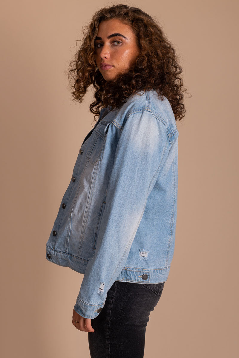 women's boutique light wash denim jacket for fall and winter