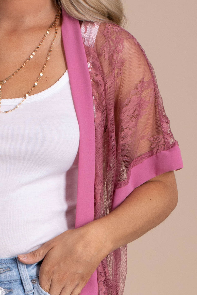 women's pink sheer lace cardigan