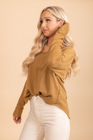 women's dark yellow brown long sleeve top