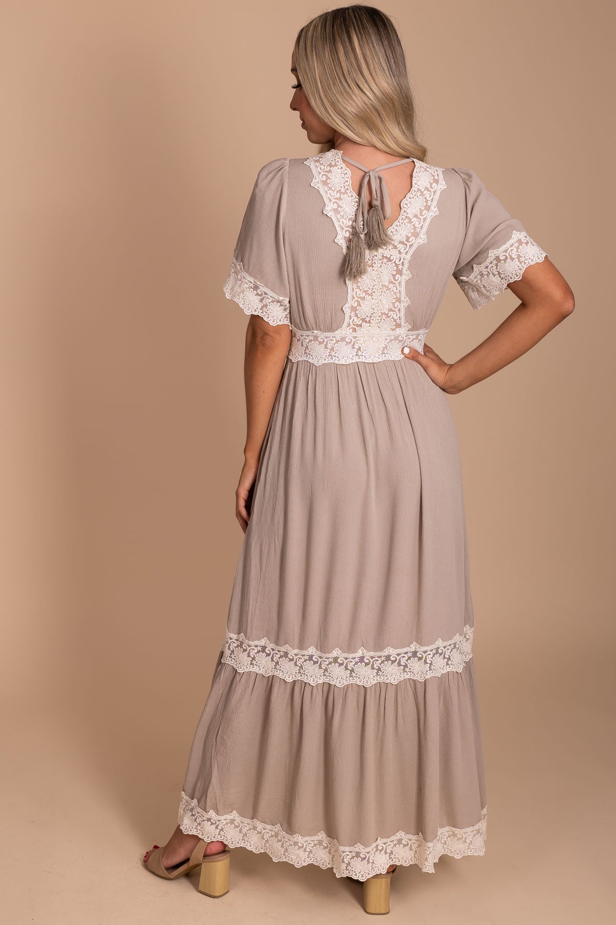 Maxi Dress with Lace Inserts and Tassel Tie Back for Women