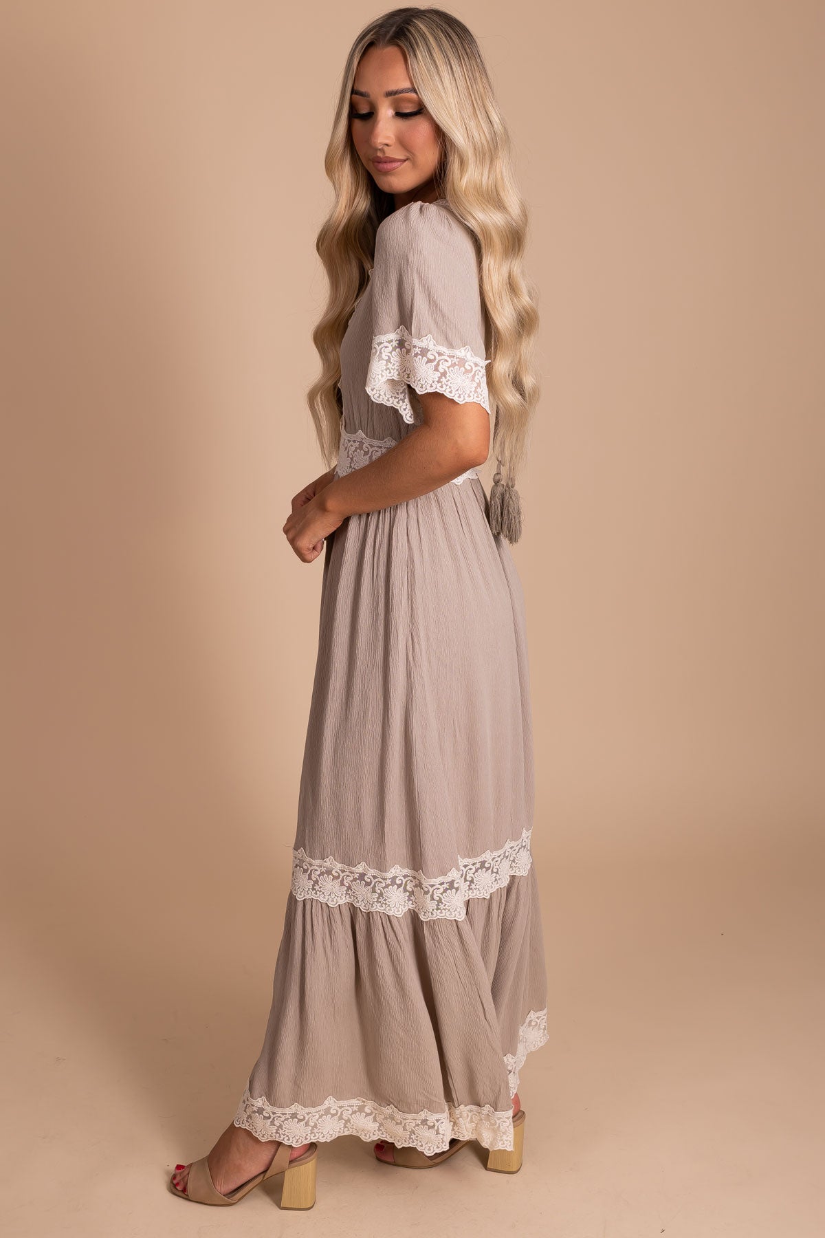 Women's Maxi Dress with Lace Contrast in Light Brown Taupe