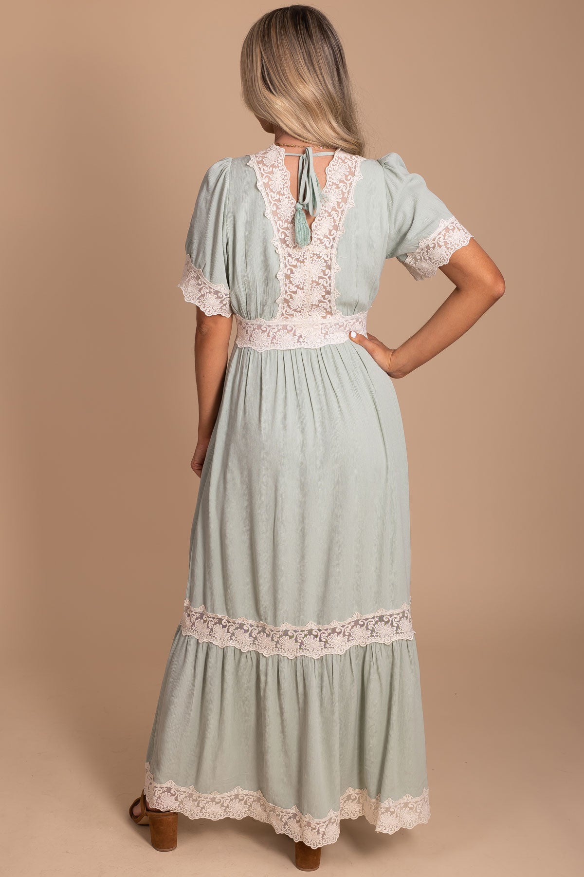 Lace Trimmed Maxi Dress in Sage Green for Women