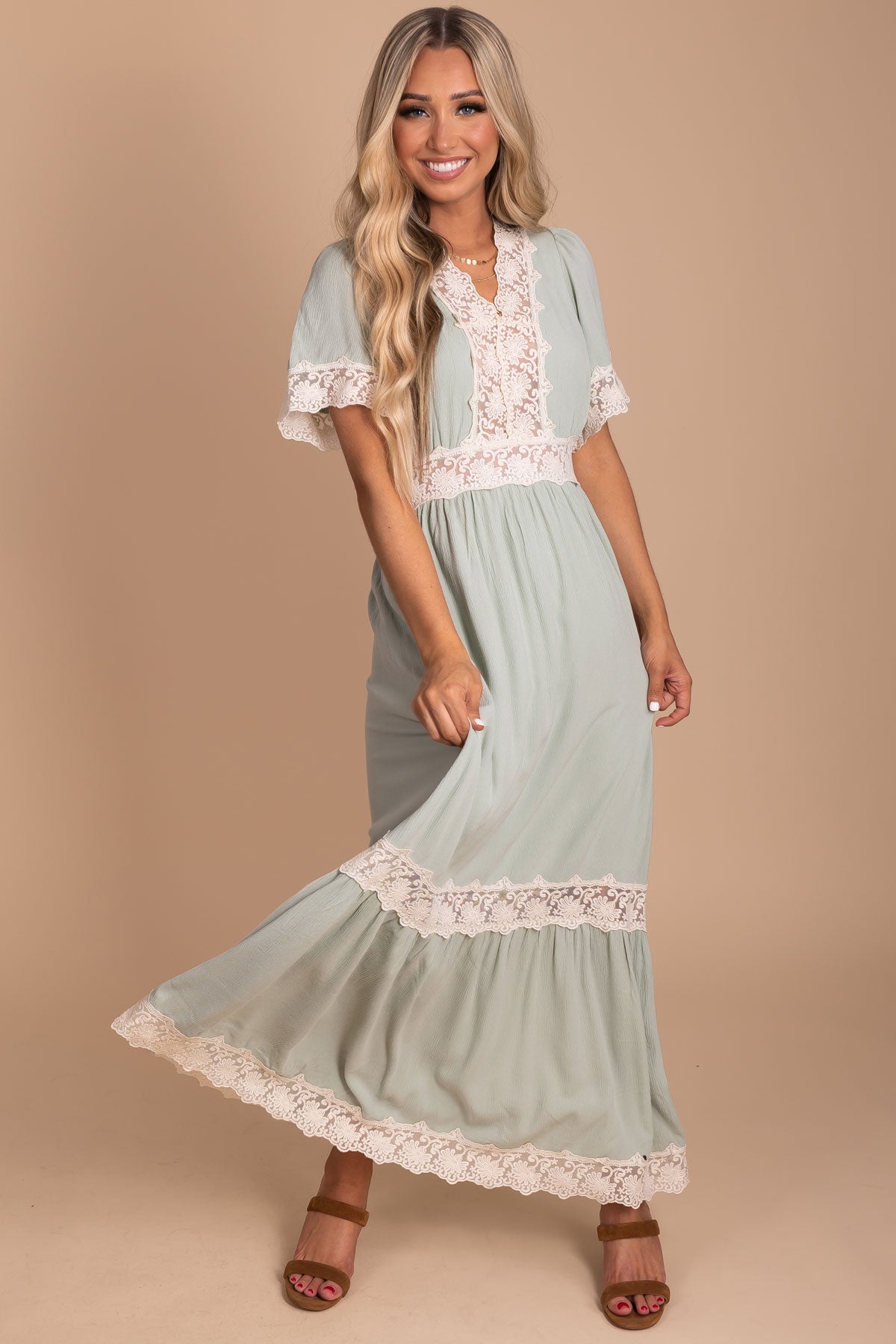 Flowy Maxi Dress with Lace on Neckline, Sleeves, Waist, and Skirt