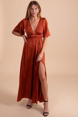 red satin maxi dress