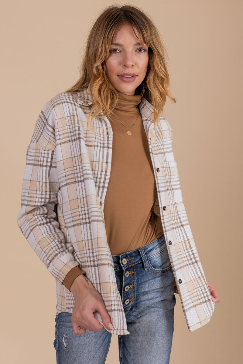 White and Light Brown Plaid Top for Women