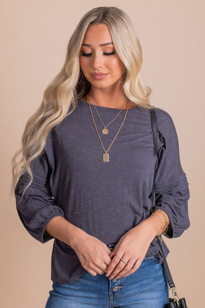 Charcoal Gray Bubble Style Sleeve Boutique Tops for Women