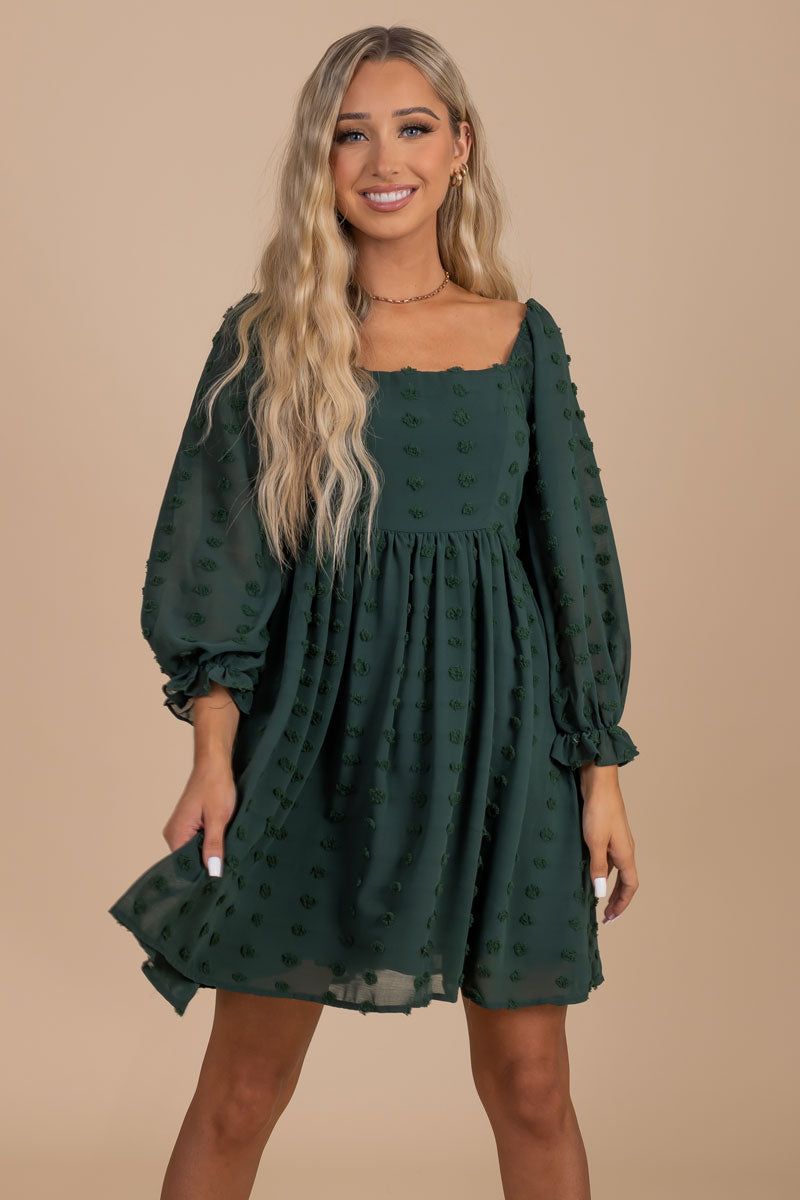 boutique women's dark forest green puff sleeve textured mini dress