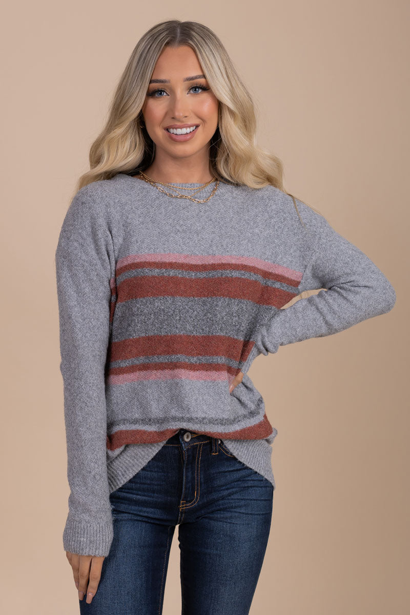 women's gray striped long sleeve pullover sweater