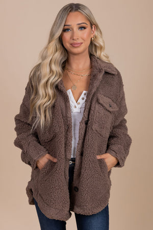 boutique women's sherpa jacket dark brown