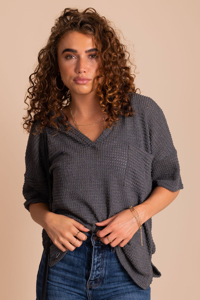 Women's Waffle Knit Top in Charcoal Gray