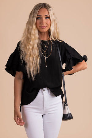 women's boutique black ruffle sleeve blouse