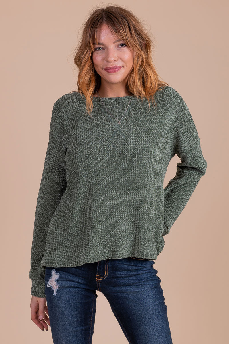women's boutique dark green long sleeve sweater