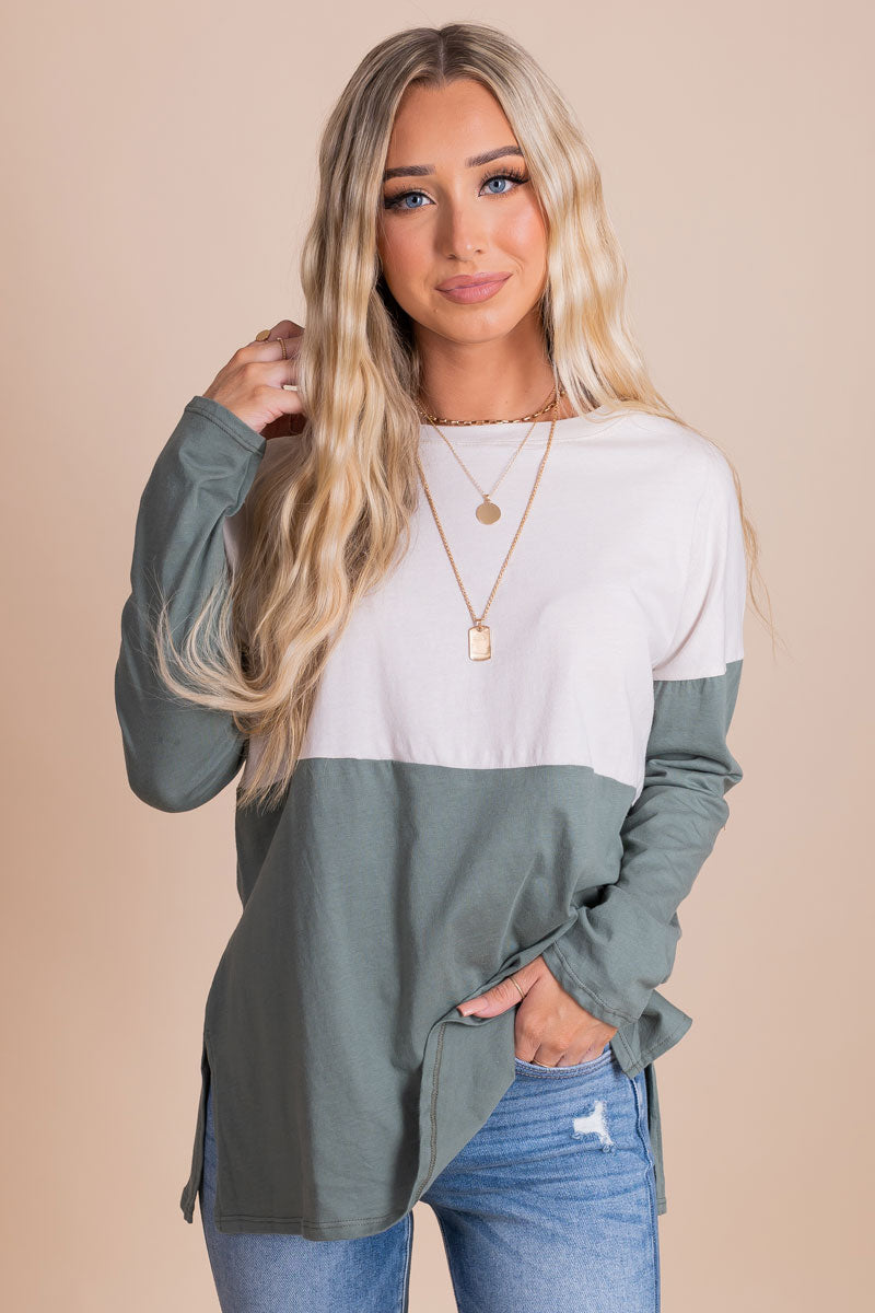 women's color block long sleeve top for fall