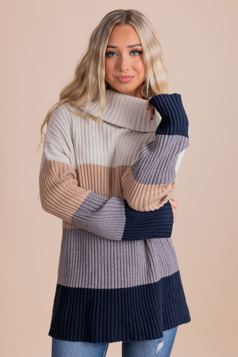 Me Plus You Striped Cowl Neck Sweater - Gray