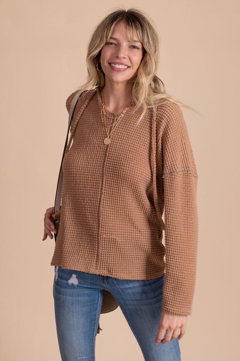women's brown knit drawstring hooded sweater
