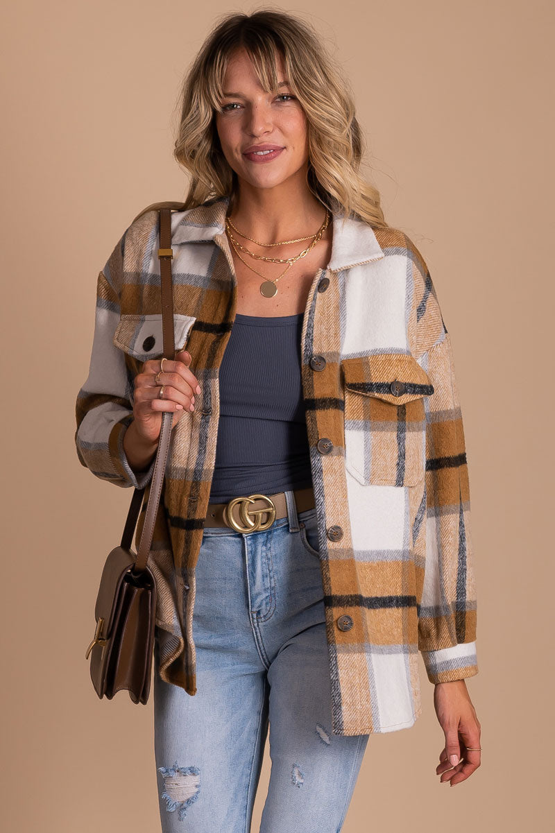 women's brown and white trendy plaid shacket