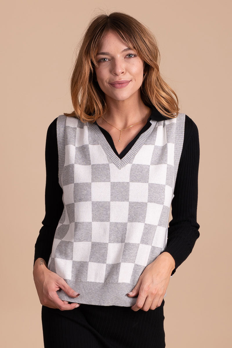 women's light gray and white checkered sweater vest