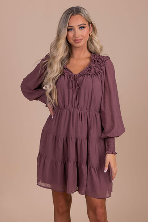 boutique women's dark purple tiered mini dress