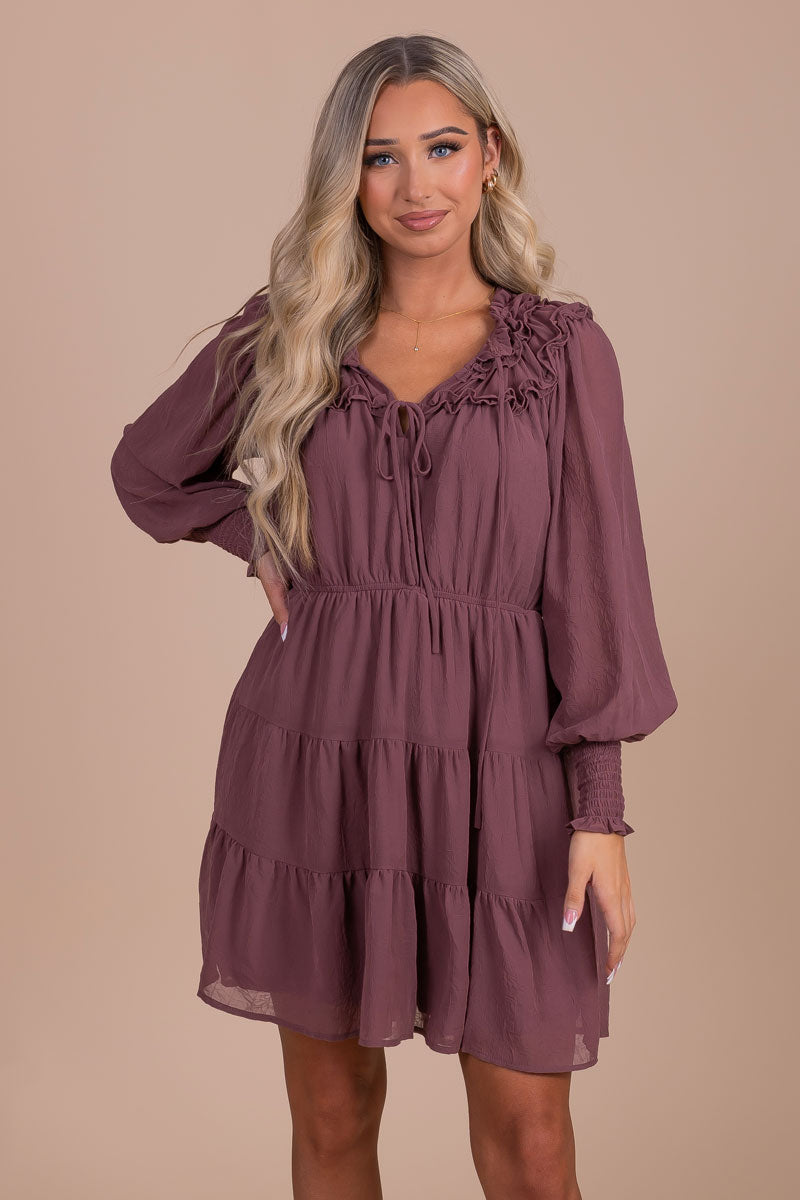 Caught Up In The Details Long Sleeve Mini Dress - Purple