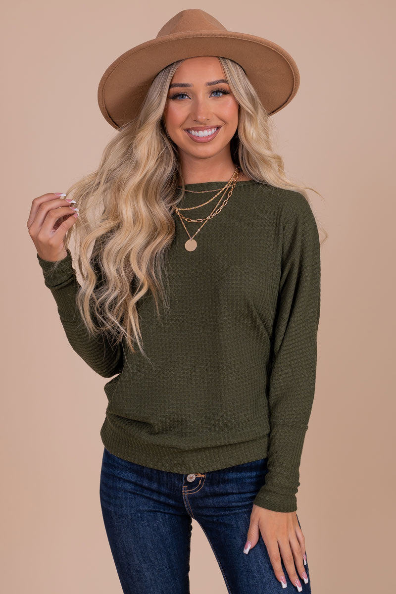 boutique olive green waffle knit top