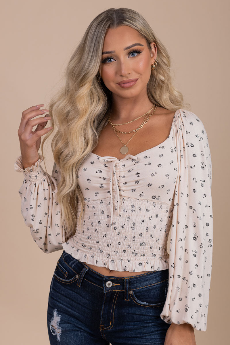 boutique women's smocked floral print long sleeve top
