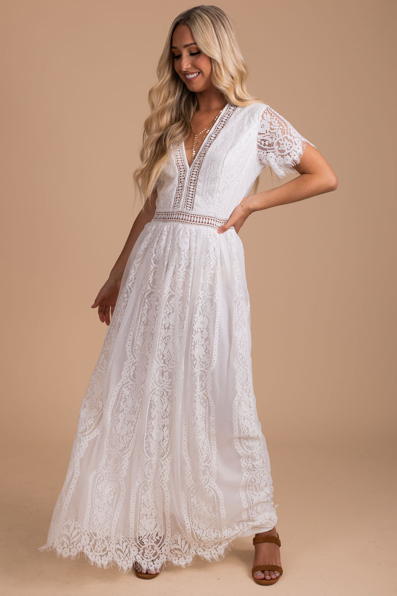 women's boutique white lace maxi dress