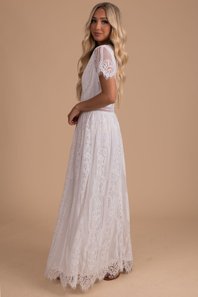 boutique lace overlay white maxi dress